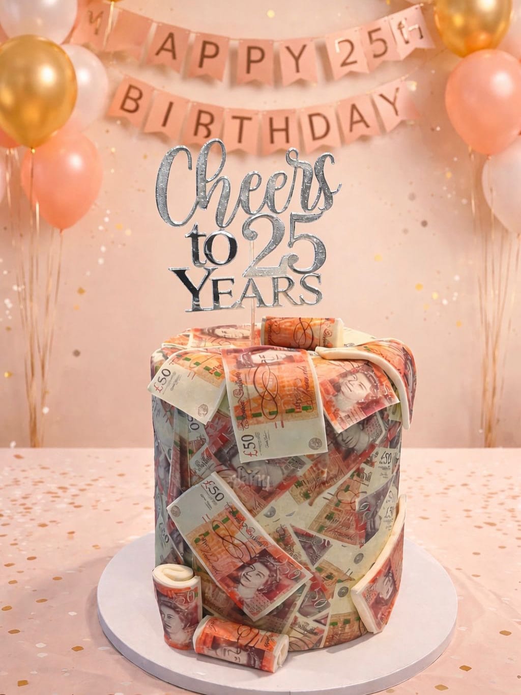 Money-themed milestone birthday cake wrapped in printed bank notes with a gold topper