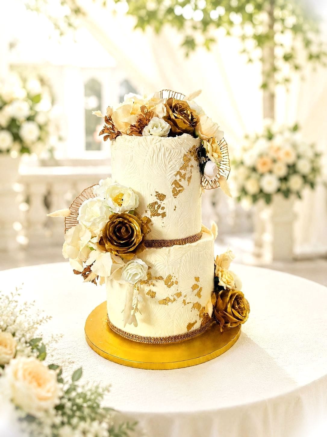 Ivory & Gold Two-Tier Wedding Cake by SpongyBakes — A two-tier ivory cake with gold leaf and sugar roses, styled for the top table.