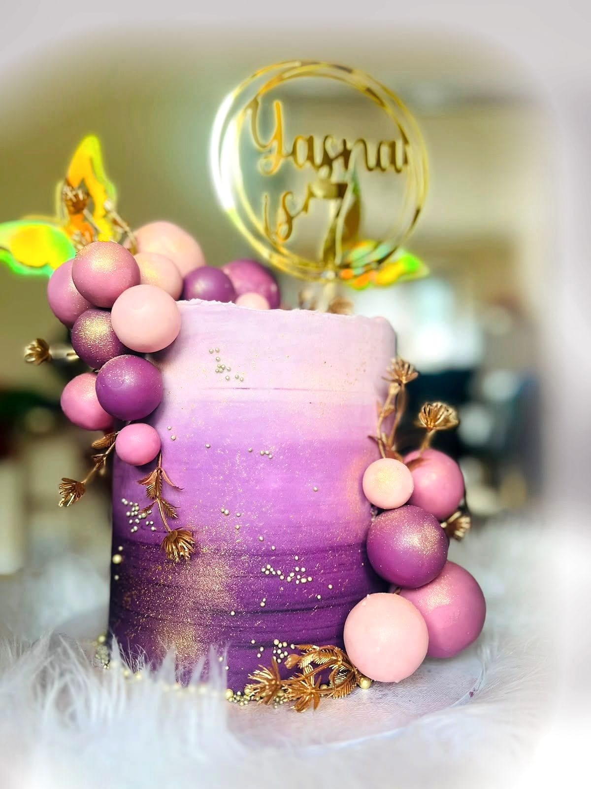 Purple Ombré Celebration Cake by SpongyBakes — A purple ombré cake with a chocolate sphere cluster, gold leaf and an acrylic topper.