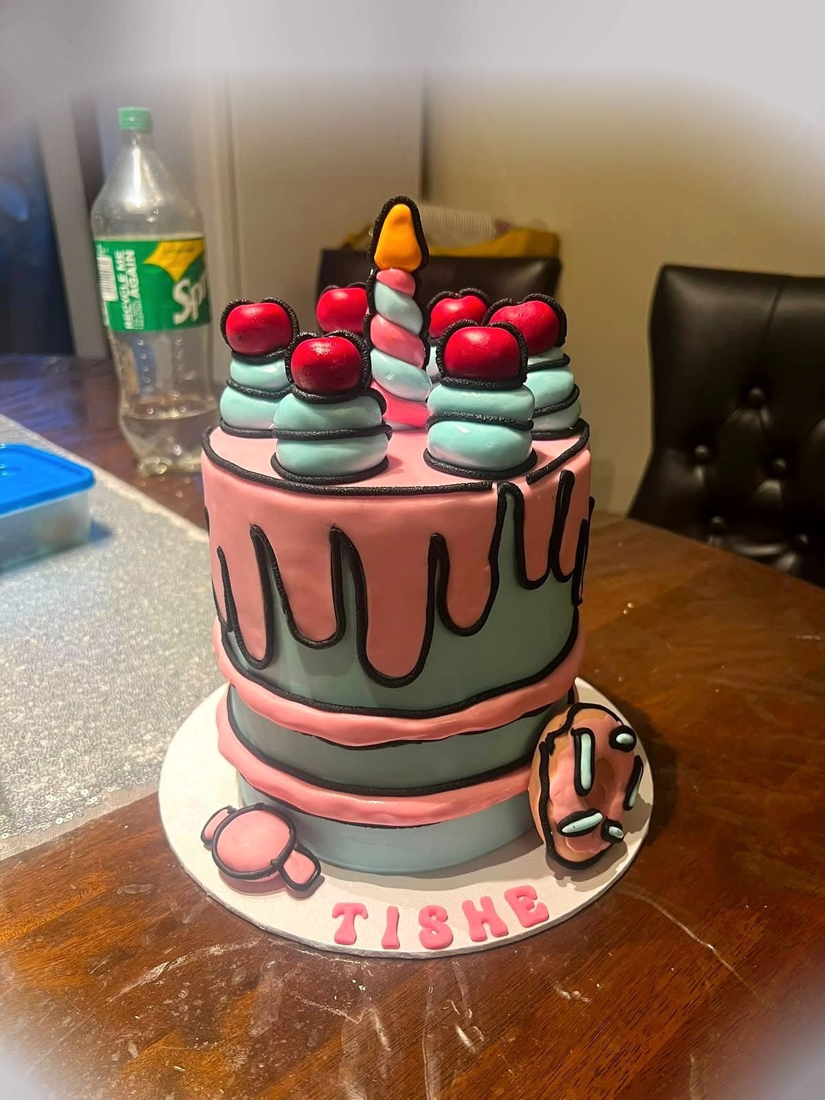 Cherry Drip Birthday Cake by SpongyBakes — A dusky pink and sage cake with a chocolate drip, cherries and macaron toppers.