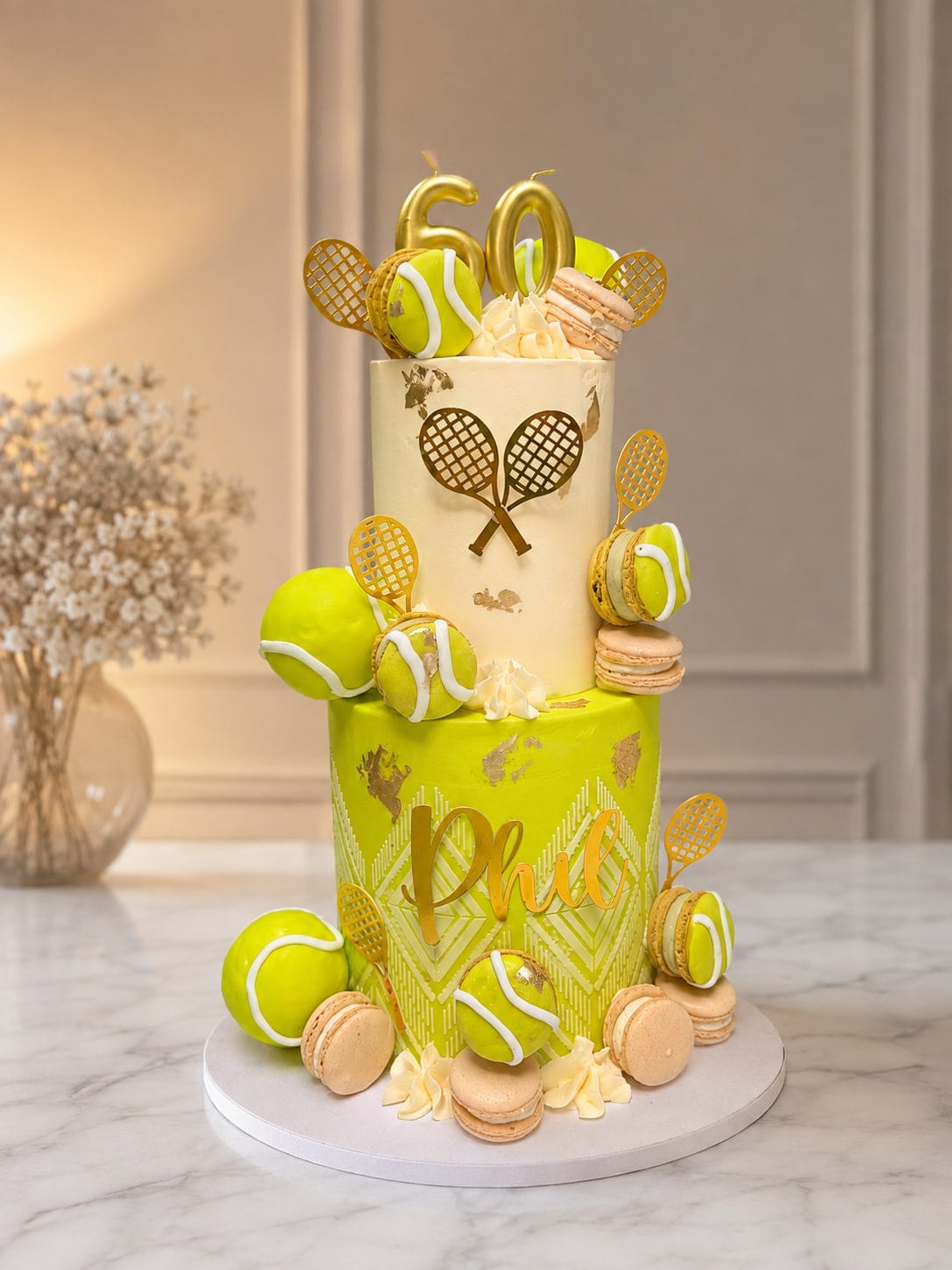 Two-tier birthday cake with a lime green lower tier, ivory upper tier, gold tennis racket decorations, tennis ball cake pops and macarons
